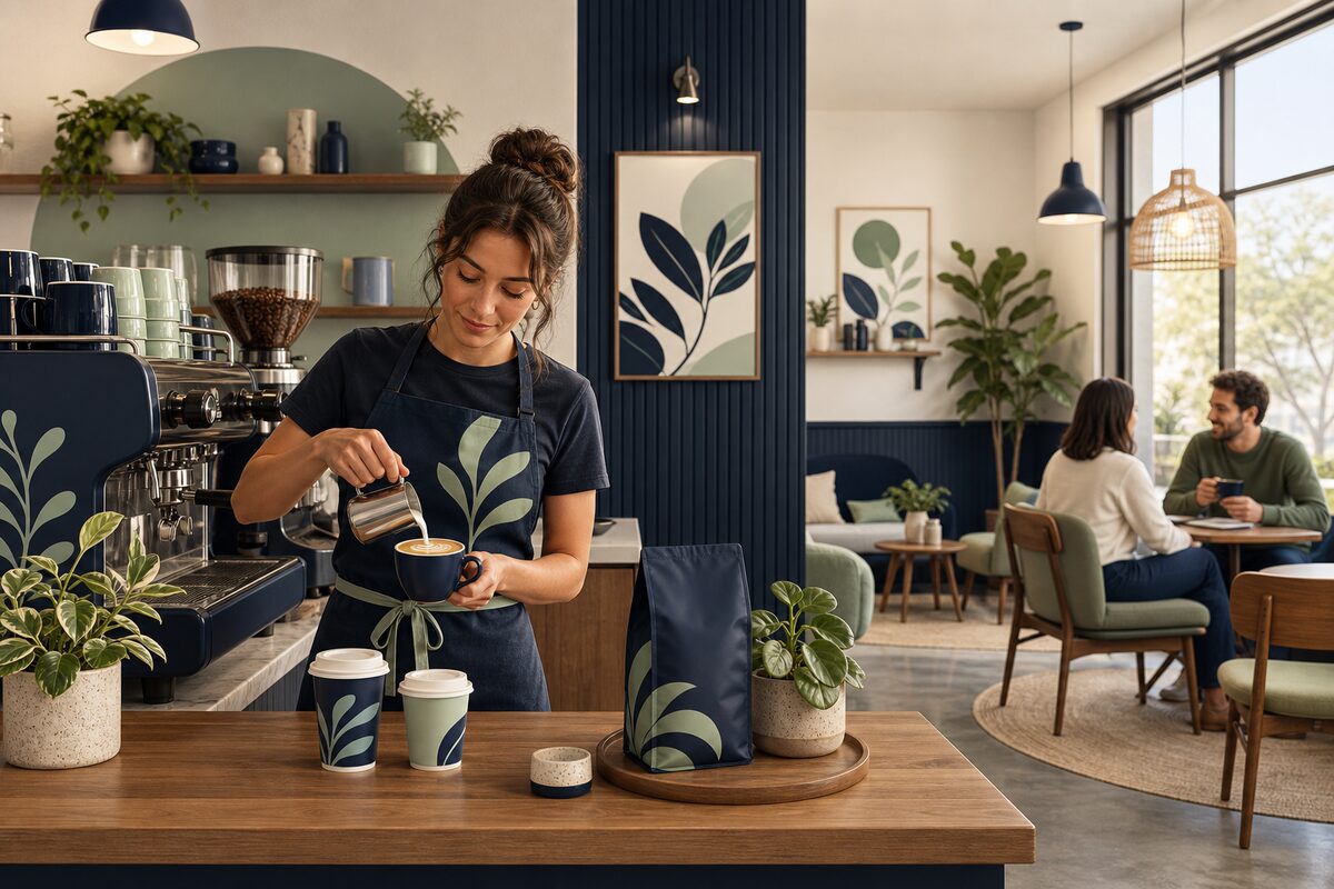 Cozy coffee shop interior with branded signage and warm lighting